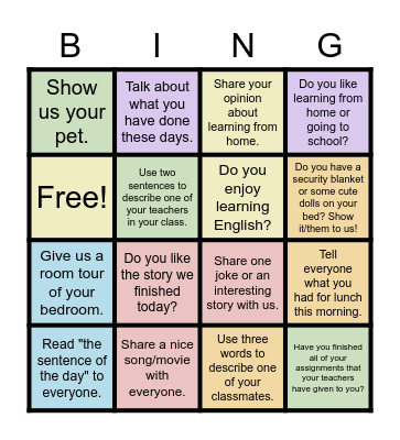 5/31 J2 Speaking Activity Bingo Card