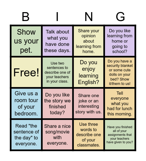 5/31 J2 Speaking Activity Bingo Card