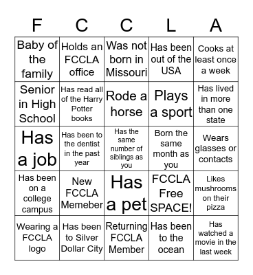 FCCLA Ice Breaker Bingo Card