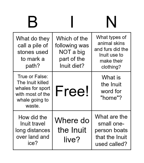 Learn about Inuit people Bingo Card