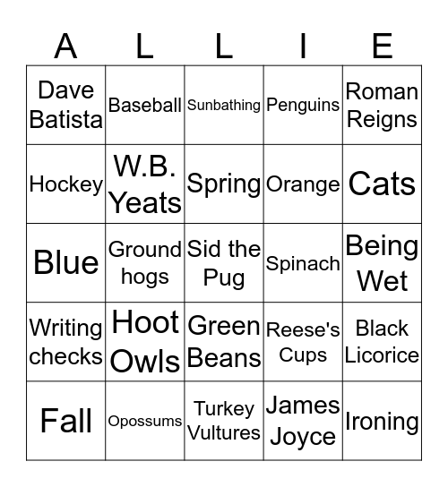 All about Allie Bingo Card
