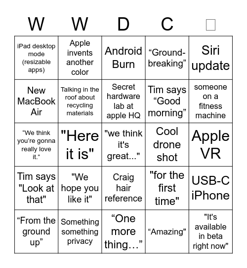  WWDC22 Bingo Card