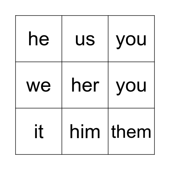 Object pronouns Bingo Card