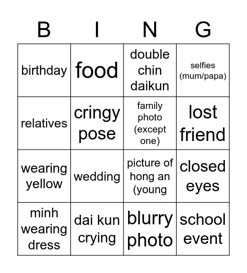 family photos Bingo Card