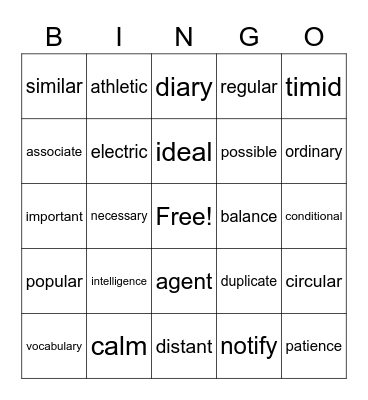 Spanish-English Cognates Bingo Card