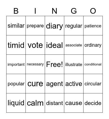 Spanish-English Cognates Bingo Card