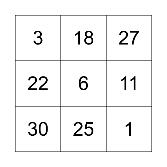 Number 1-30  Bingo Card