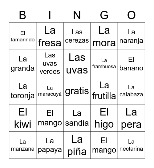 Las frutas Bingo Card