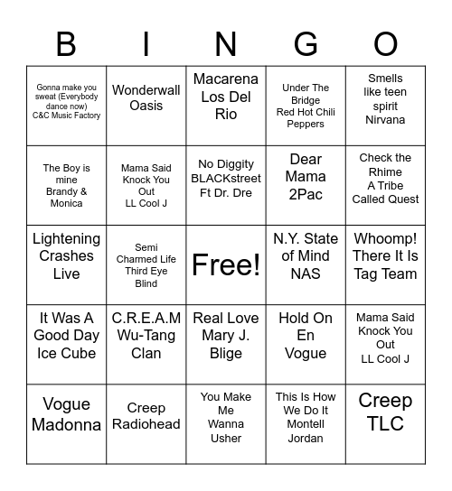 Musical Bingo Card