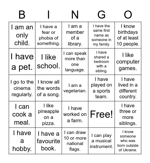 Diversity Bingo Card