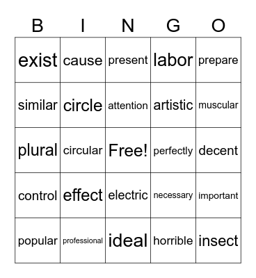 Spanish-English Cognates Bingo Card