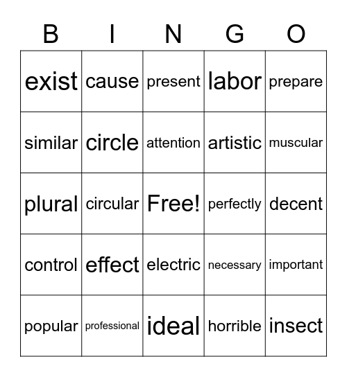 Spanish-English Cognates Bingo Card