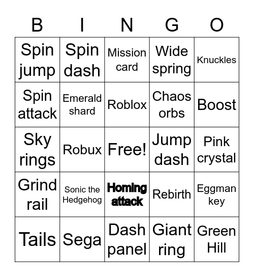 Sonic Speed Simulator Bingo Card