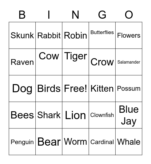 Animal Planet Bingo Card