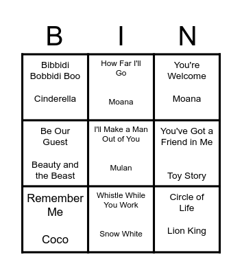 Disney Songs Bingo Card