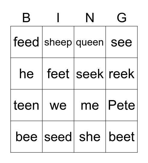 long e kindergarten Bingo Card
