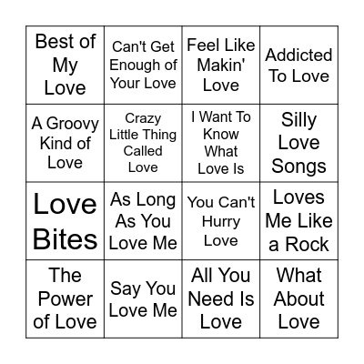 "LOVE" Songs Bingo Card