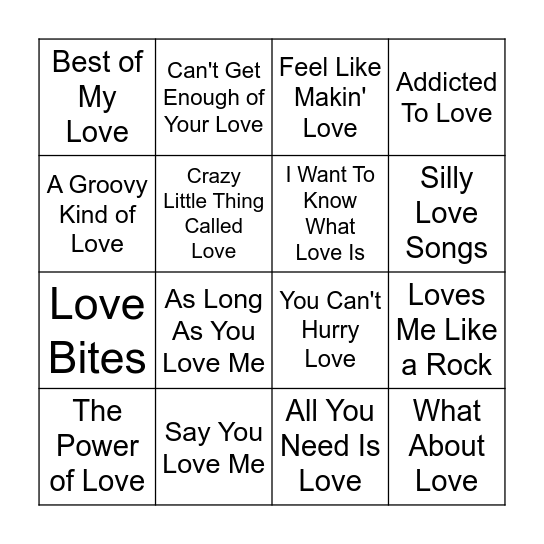 "LOVE" Songs Bingo Card