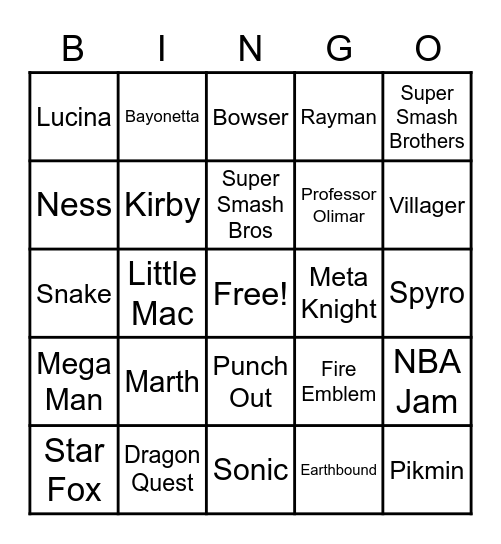 Nintendo Bingo Card