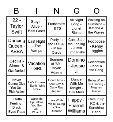 Vacation Song Bingo Card