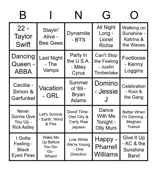 Vacation Song Bingo Card