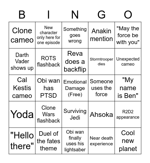 Kenobi Episode 3 Bingo Card