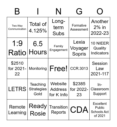 CCPFC NC PRE-K Bingo Card