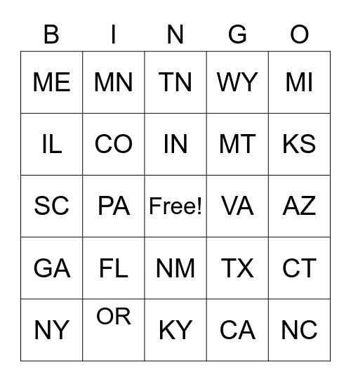 States Bingo Card