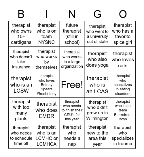 Millenial Therapist Bingo Card