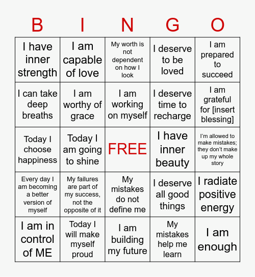 Positive Affirmation Bingo Card