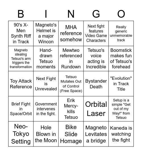 Magneto vs Tetsuo Bingo Card