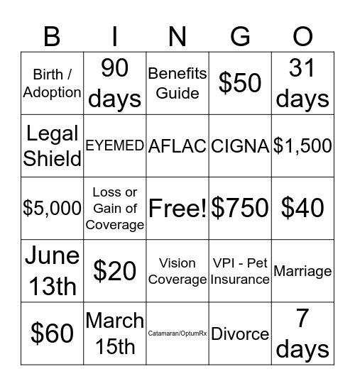 BENEFITS Bingo Card