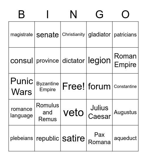 Ancient Roman Bingo Card