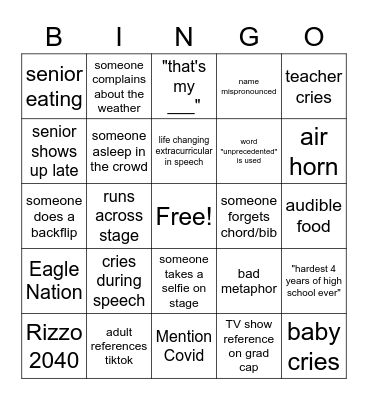 High School graduation Bingo Card