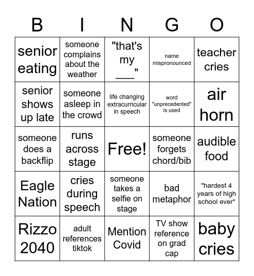 High School graduation Bingo Card