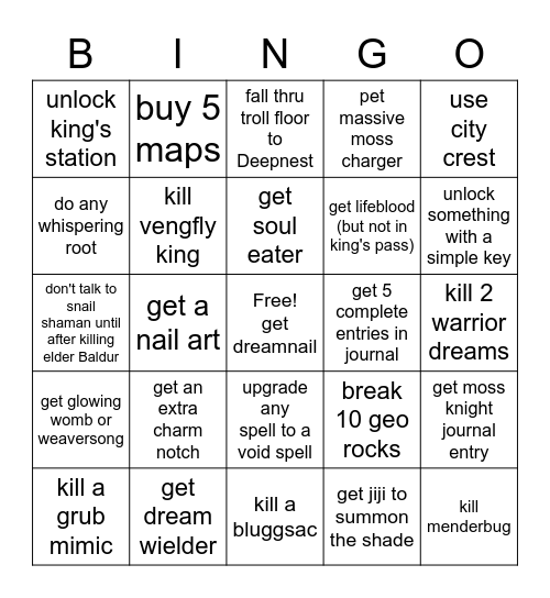 Hollow Knight Bingo Card