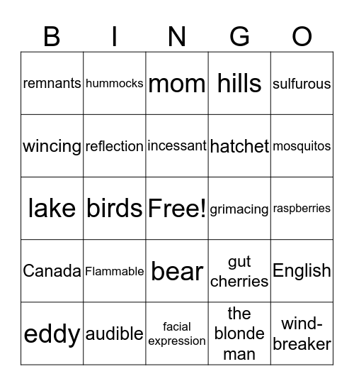 Hatchet Chapter 1-8 Bingo Card