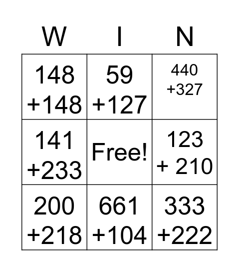 3 digit addition Bingo Card