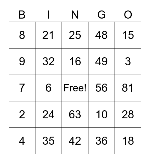 Multiplication Bingo Card