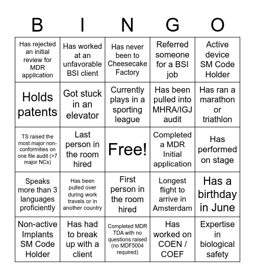 General Devices Team Bingo Card