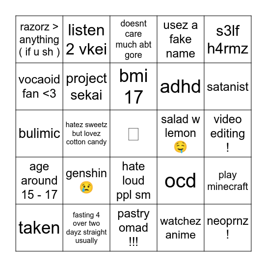 FVCKG0RE'z bingo ! ^^ Bingo Card