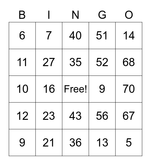 Number Bingo 1-16 Bingo Card