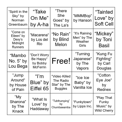 Sing Along Songs Bingo Card