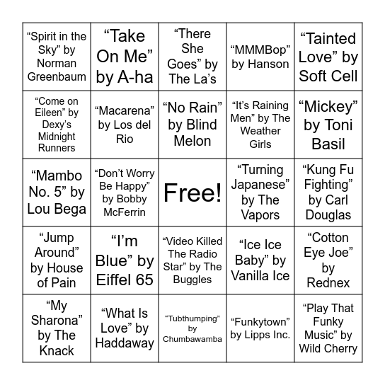 Sing Along Songs Bingo Card