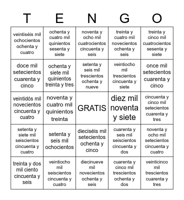 Cuánto dinero tengo? (bingo de los números de 10.000 hasta 99.999 Bingo Card