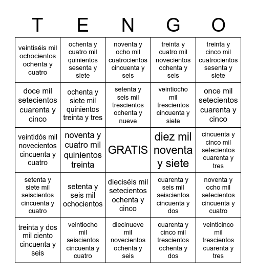 Cuánto dinero tengo? (bingo de los números de 10.000 hasta 99.999 Bingo Card