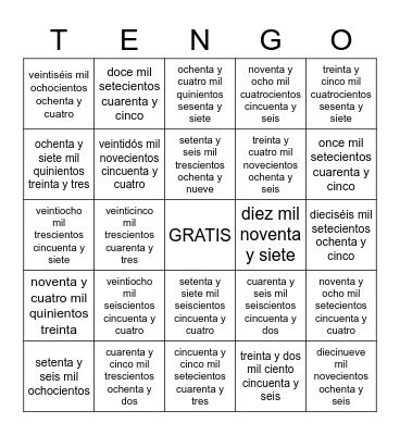Cuánto dinero tengo? (bingo de los números de 10.000 hasta 99.999 Bingo Card