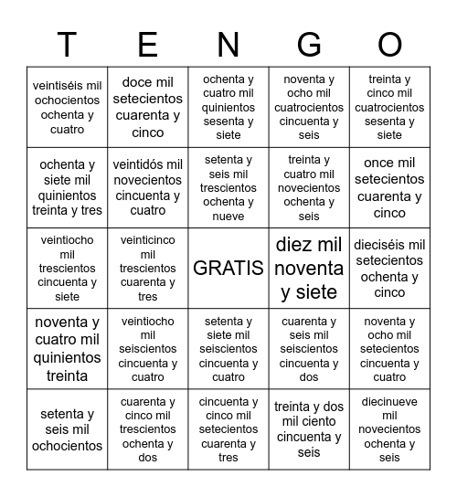 Cuánto dinero tengo? (bingo de los números de 10.000 hasta 99.999 Bingo Card