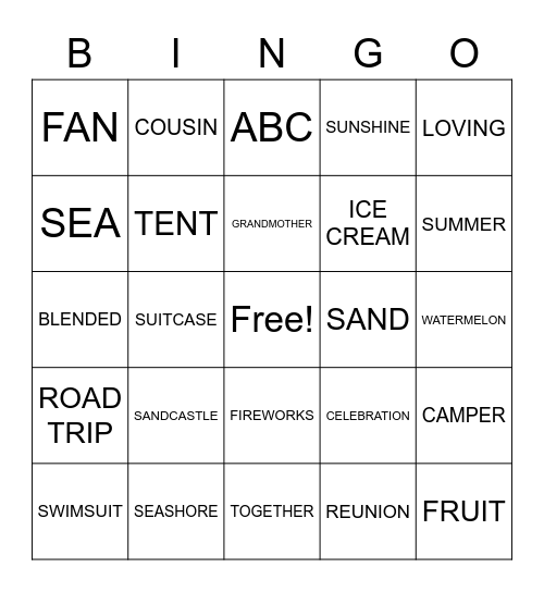 FAMILY SUMMERTIME FUN Bingo Card
