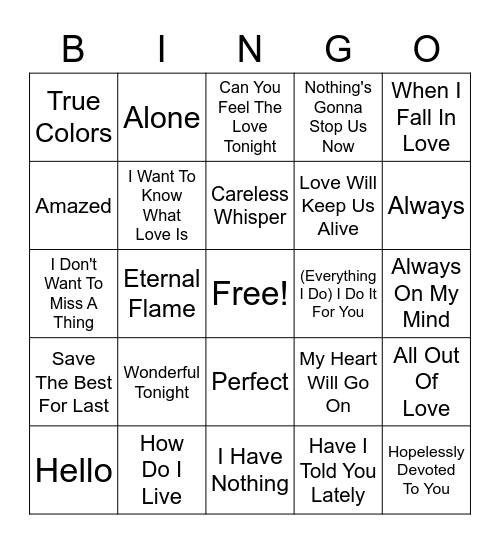 Love Ballads Bingo Card